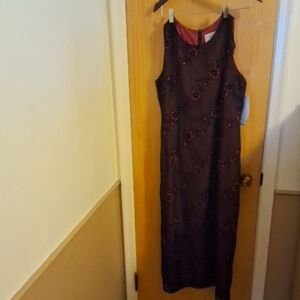 Jessica Howard Red And Black Lined Long Dress Floral Glitter Design 12 Petite